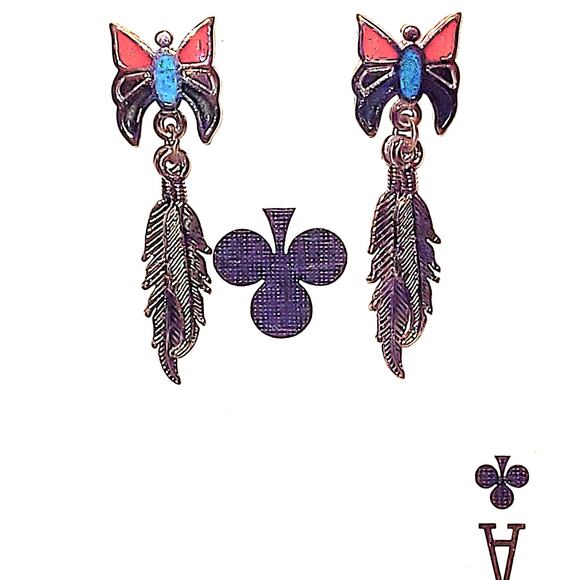 1.5" Vintage Signed Turquoise Coral Butterfly/Feather Earrings - Picture 3 of 11